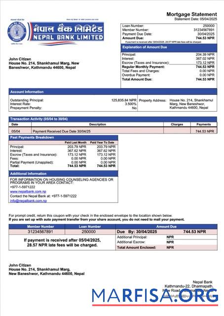 Downloadable Nepal Bank mortgage statement Word and PDF template